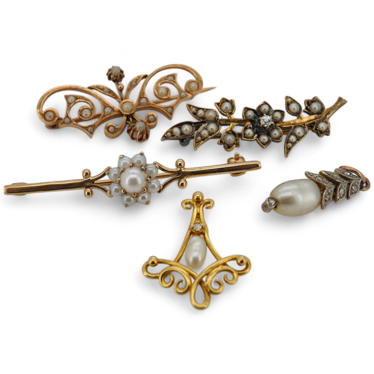 Two early 20th century bar brooches, including diamond and seed pearl and seed pearl drop, together with a later 9ct god and cultured pearl cluster set bar brooch and two cultured pearl and diamond set pendants including